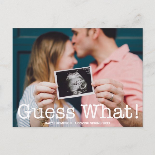 Modern Photo Guess What! Pregnancy Announcement (Front)