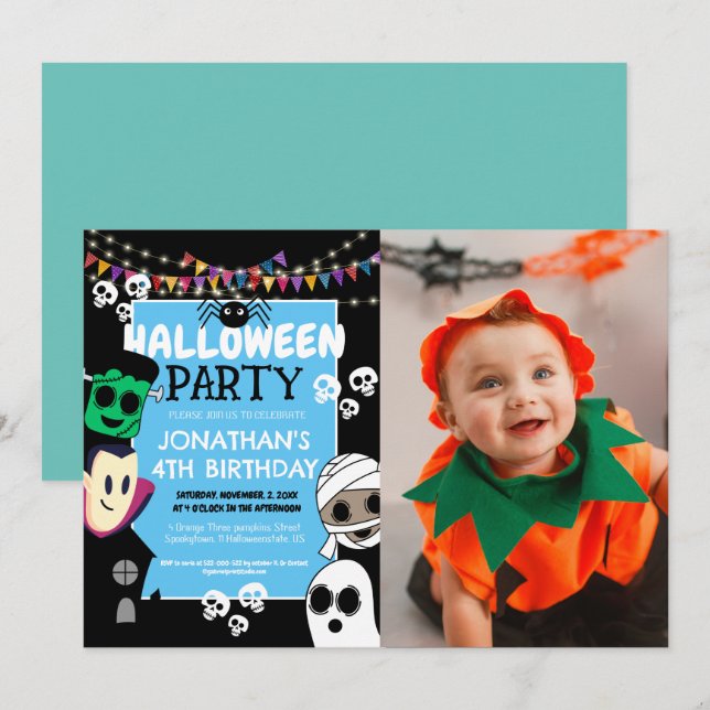 Modern Photo Halloween Cute Ghouls Birthday Party Invitation (Front/Back)