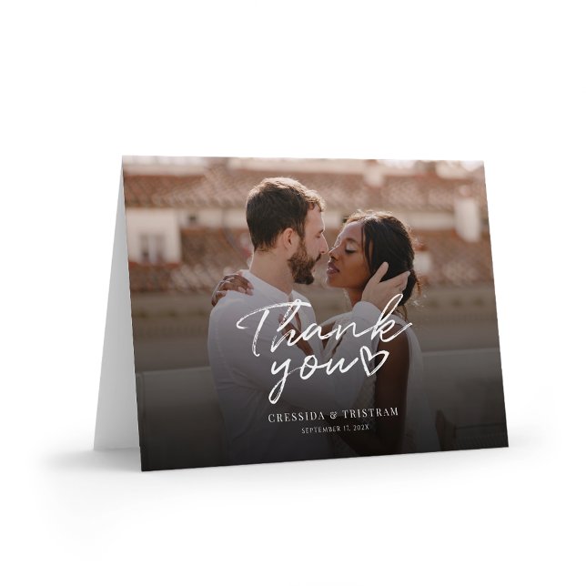 Modern Photo Hand-Lettered Wedding Thank You Card (Modern Wedding Photo Thank You Folded Card)