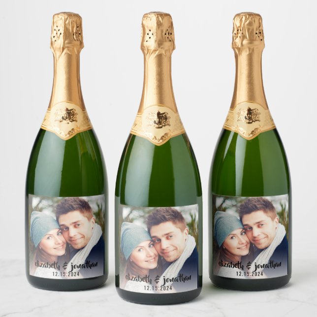 Modern Photo Handwritten Script Custom Wedding Sparkling Wine Label (Bottles)