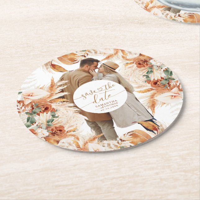 Modern Photo Handwritten Script Save The Date Round Paper Coaster (Angled)