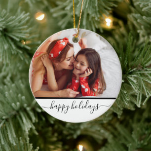 Modern Photo Happy Holiday White Monogram Ceramic Ornament