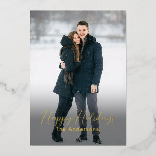 Modern Photo Happy Holidays Family Name Gold Foil Holiday Card