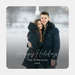 Modern Photo Happy Holidays Family Name Metal Ornament