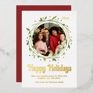 Modern Photo Happy Holidays Script Wreath Foil Holiday Card