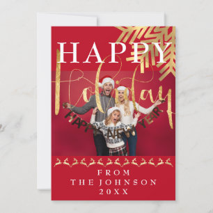 Modern Photo Happy New Year Holiday Red Gold Card