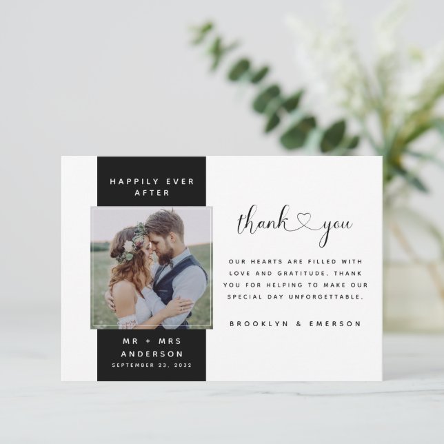 Modern Photo Heart Script Wedding Thank You Card (Standing Front)