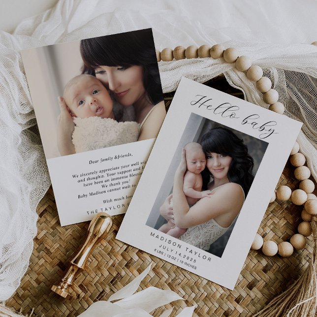 Modern Photo Hello Baby Birth Announcement Card (Creator Uploaded)