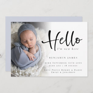 Modern Photo Hello New Baby Boy Blue Birth Announcement