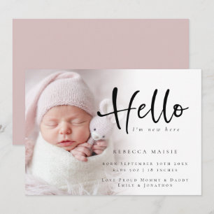 Modern Photo Hello New Baby Girl Pink Birth  Annou Announcement