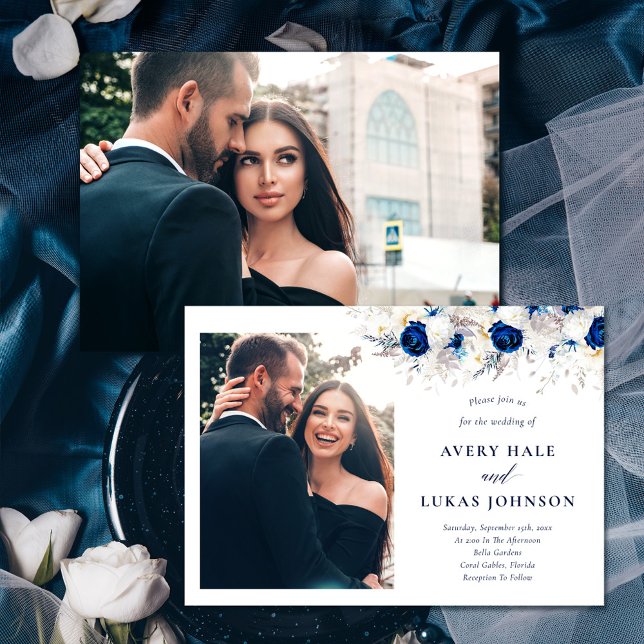 Modern Photo Horizon Blue & White Floral Wedding Invitation (Creator Uploaded)