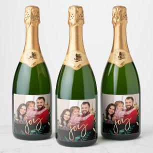 Modern Photo Joy Black Red Gold Greenery Christmas Sparkling Wine Label
