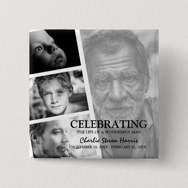 Modern Photo Life Story Collage Funeral 2 Inch Square Button (Front)