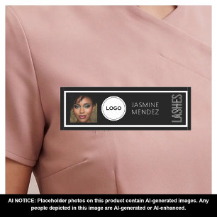 Modern PHOTO & Logo Black White Lashes Artist Name Tag