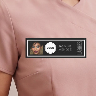 Modern PHOTO & Logo Black White Lashes Artist  Name Tag