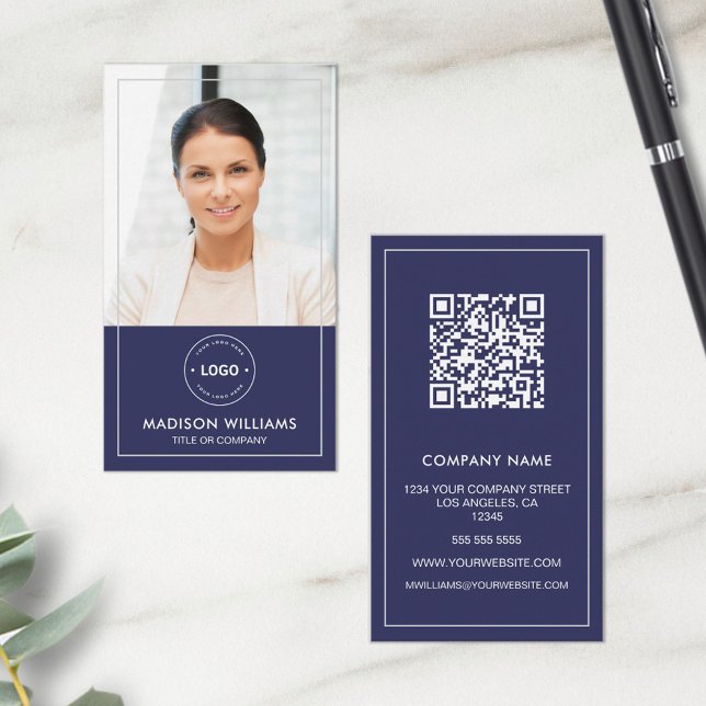 Modern Photo Logo QR Code Business Card (Modern Custom Photo Logo QR Blue Business Card)