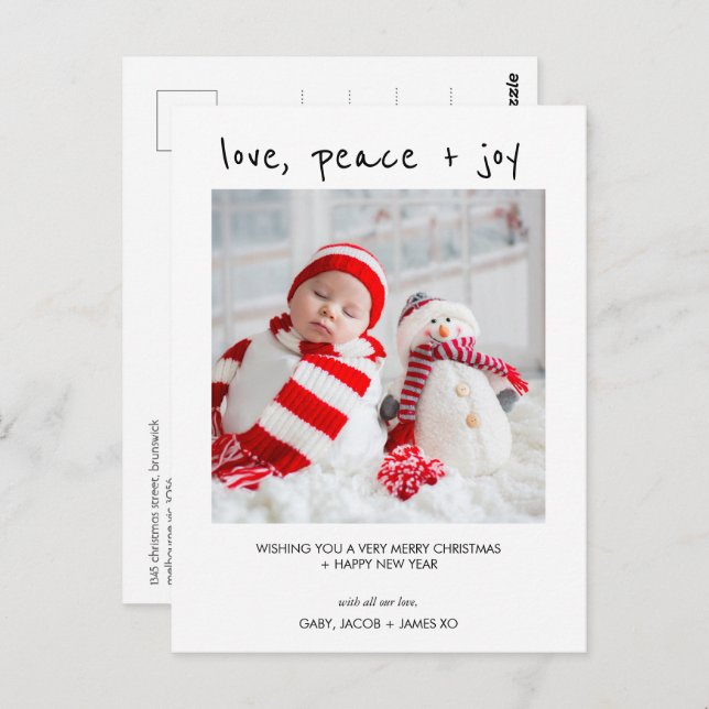 Modern Photo Love Peace Joy Christmas Postcard (Front/Back)