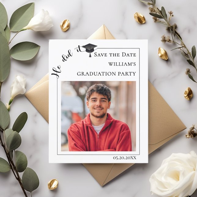 Modern photo male budget Graduation Save the Date Flyer (Creator Uploaded)