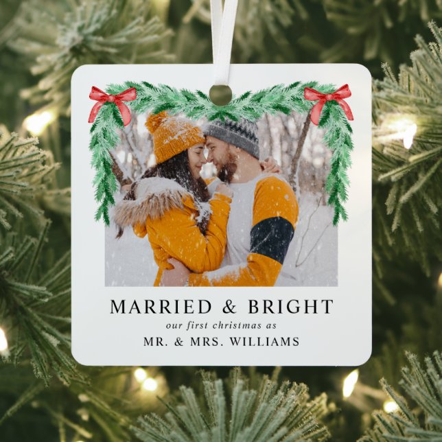 Modern Photo Marrried & Bright Christmas Newlywed Metal Ornament (Insitu)
