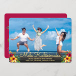 Modern Photo Mele Kalikimaka Christmas Cards<br><div class="desc">Modern Mele Kalikimaka Christmas Photo Holiday Cards. This pretty simple holiday card design features a hand lettered typography greeting „Mele Kalikimaka” script with burgundy red yellow hibiscus floral arrangement. At the backing burgundy colour background with a hibiscus arrangement. You can personalize the design by replacing the sample text and horizontal...</div>