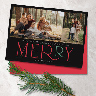 Modern Photo Merry Black Red Green Holiday Card