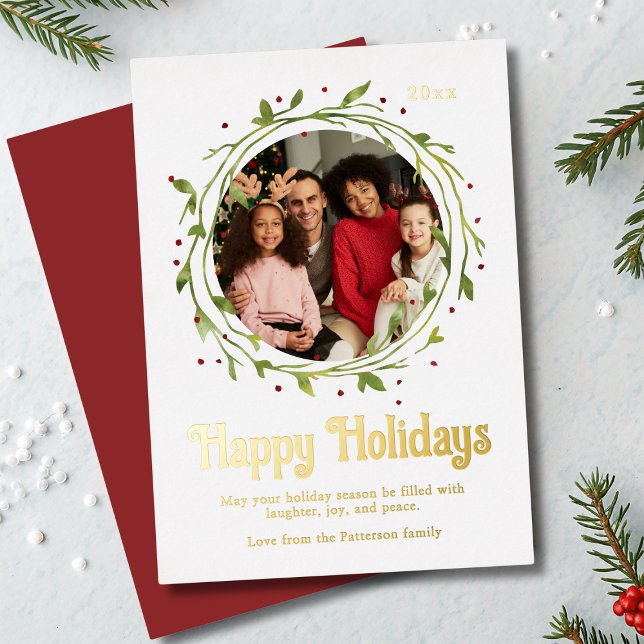 Modern Photo Merry & Bright Script Wreath Foil Holiday Card (Creator Uploaded)