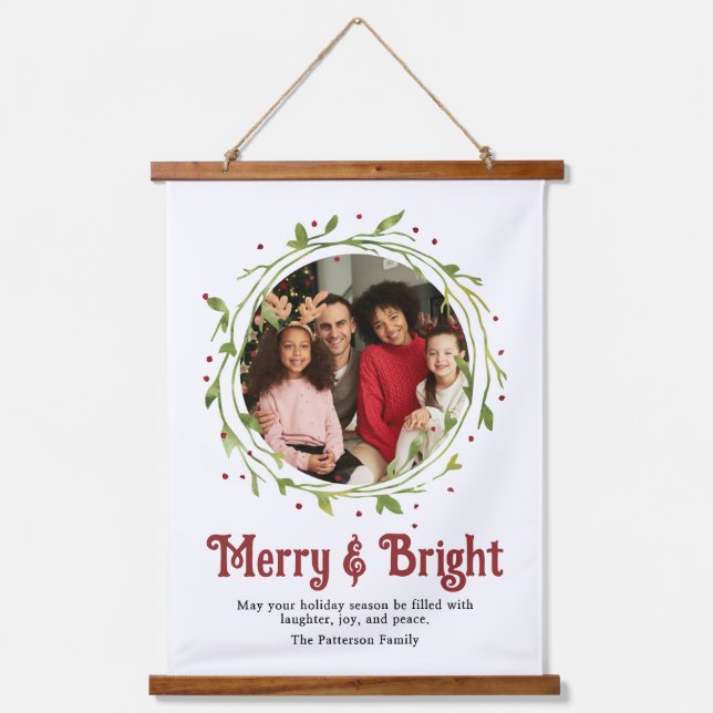 Modern Photo Merry & Bright Script Wreath Hanging Tapestry (Front)
