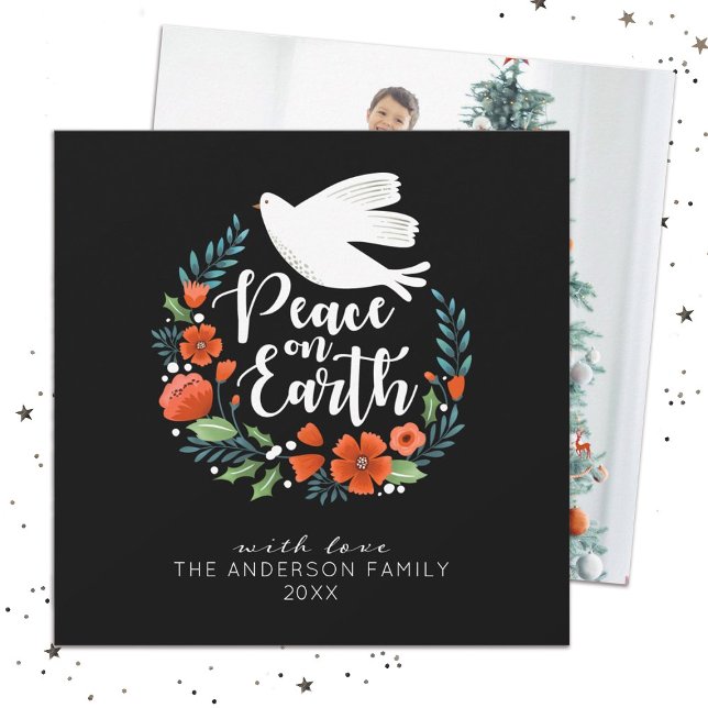 Modern Photo Merry Christmas Holiday Card (An elegant Family Photo Christmas card with the words, Peace on Earth)