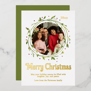 Modern Photo Merry Christmas Script Wreath Foil Holiday Card