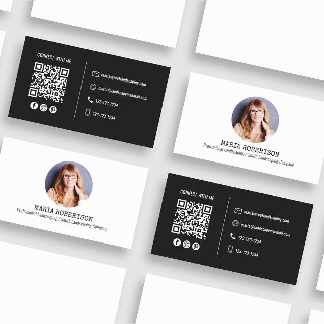 Modern Photo Minimalist QR Code Social Media Black Business Card (Simple and minimalist black and white business card. )