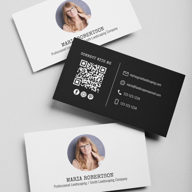Modern Photo Minimalist QR Code Social Media Business Card (Business card with QR code and photo template.)