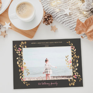 Modern photo mistletoe Christmas chic gold frame Holiday Card