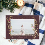 Modern photo mistletoe Christmas gold frame red Holiday Card<br><div class="desc">Modern photo merry Christmas minimalist frame. upload your photo on a hand painted faux gold foil mistletoe watercolor on editable red burgundy</div>