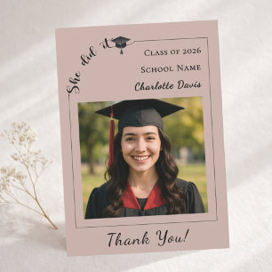Modern photo mocha beige Graduation She did it Thank You Card