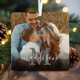 Modern Photo Monogram Name Christmas Metal Ornament