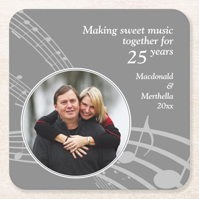 Modern Photo MUSIC 25th Silver Wedding Anniversary Square Paper Coaster (Front)
