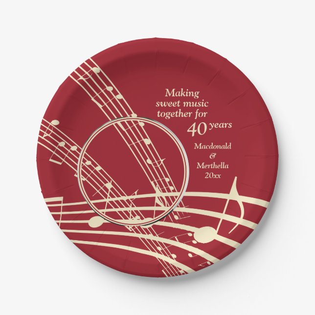 Modern Photo MUSIC 40th Ruby Wedding Anniversary Paper Plate (Front)