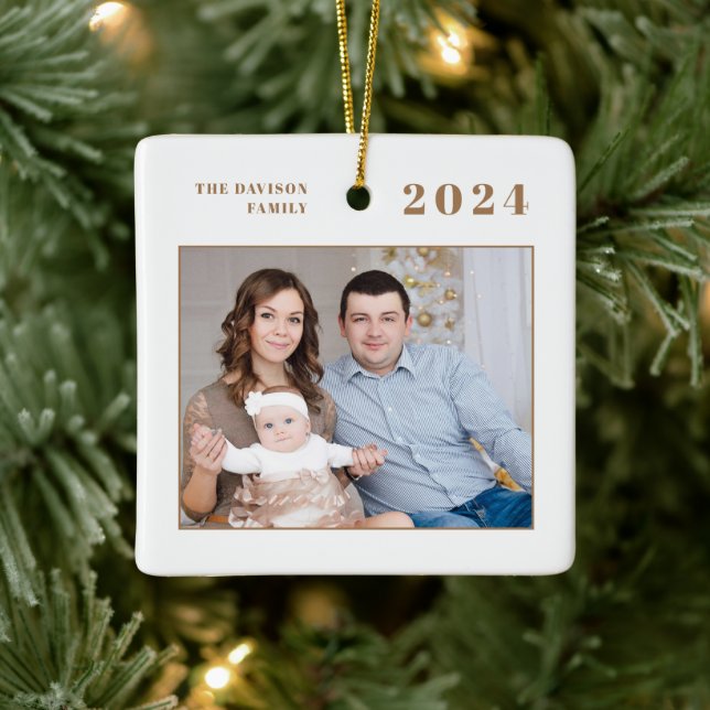 Modern Photo Name Gold Merry Christmas Ceramic Ornament (Tree)