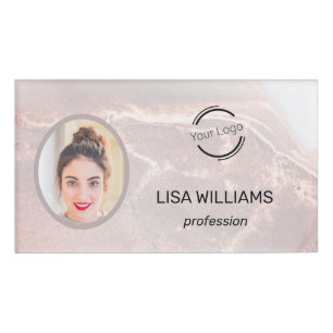 Modern Photo Name Tag – Rose Gold Stone Texture
