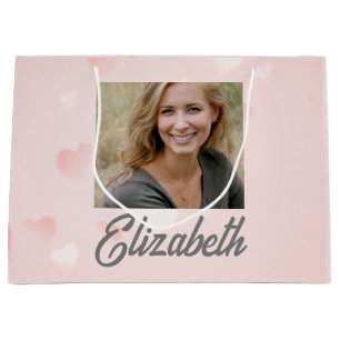 Modern Photo Name Watercolor Pink White Hearts  Large Gift Bag