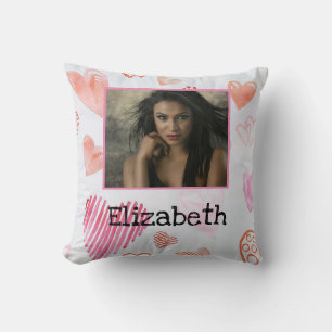 Modern Photo Name Watercolor Pink White Hearts Throw Pillow
