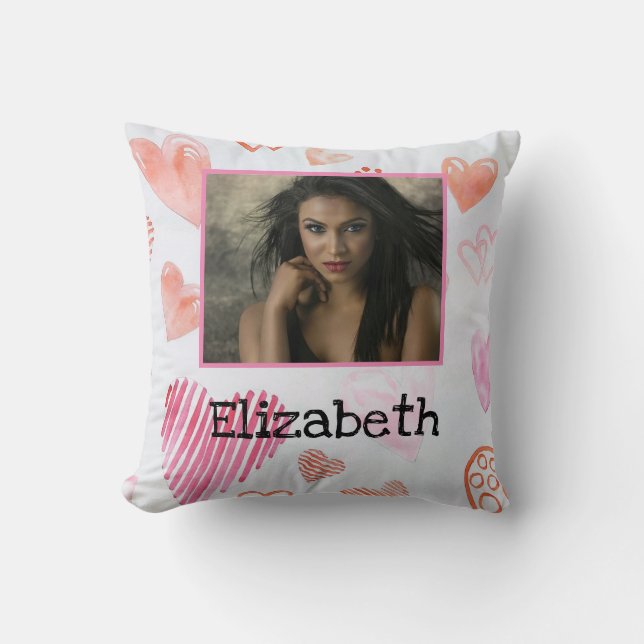 Modern Photo Name Watercolor Pink White Hearts Throw Pillow (Front)