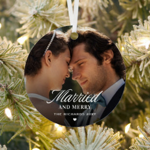 Modern Photo Newlyweds Married Merry Metal Ornament