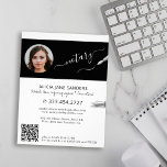 Modern photo notary signing agent QR Flyer<br><div class="desc">Modern trendy script professional legal certified notary attorney at law consultant custom personalized black and white promotional flyer with elegant calligraphy and pens.             Easy to personalize with your photo and your automatically generated scanning QR CODE to your website or social media on the back.</div>