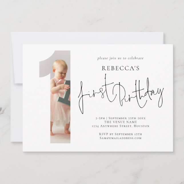 Modern Photo Number One Shape 1st Birthday Invitation (Front)