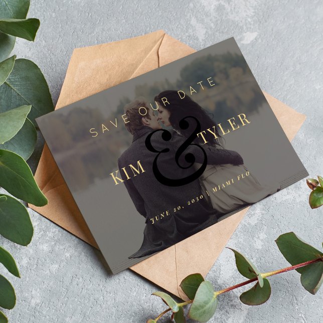 Modern photo overlay black gold wedding save the date (Creator Uploaded)