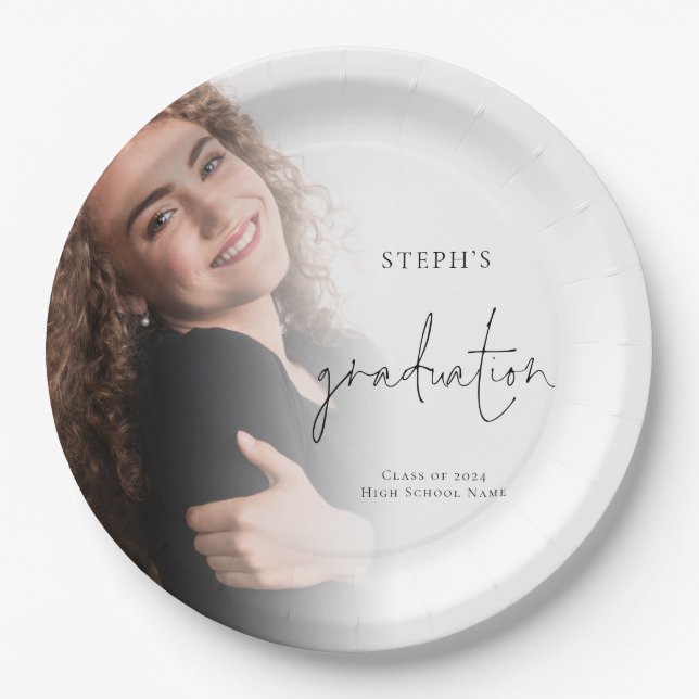 Modern Photo Overlay Name 2024 Graduation Party Paper Plate (Front)