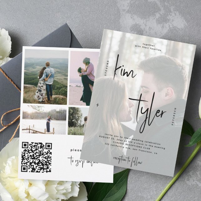 Modern photo overlay QR CODE script names wedding Invitation (Creator Uploaded)