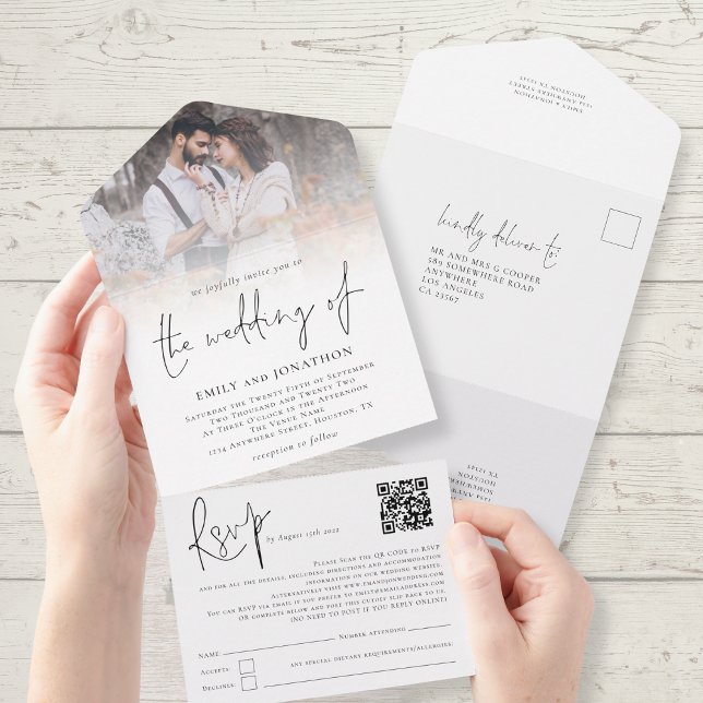 Modern Photo Overlay QR Code Script Wedding All In One Invitation (Convenient all in one invitation and rsvp. Part of a large wedding collection of matching items)