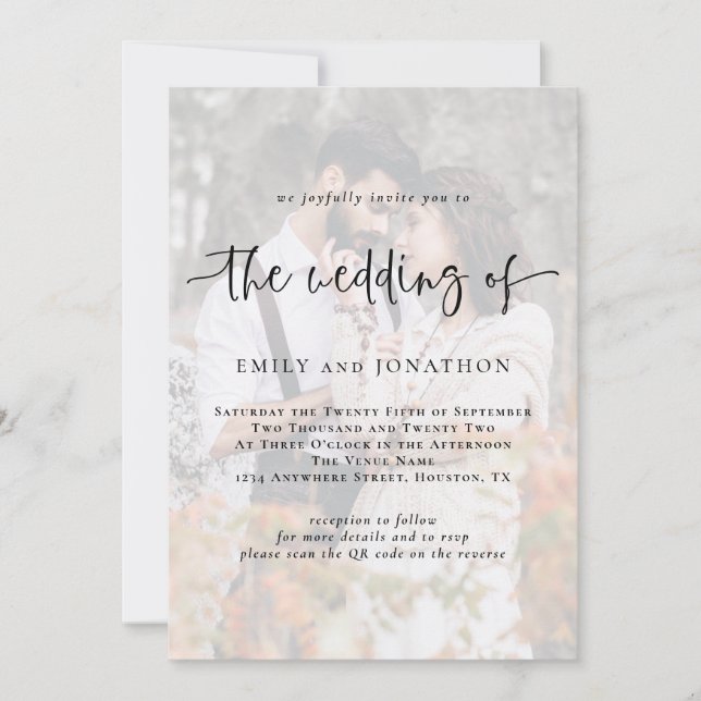 Modern Photo Overlay QR Code Wedding Invitation (Front)